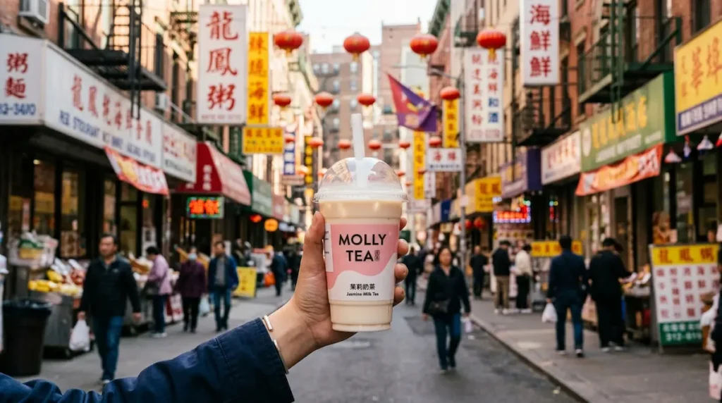 Jasmine milk tea in hand on Mott Street in Manhattan Chinatown, near Molly Tea's 63 Mott St store.