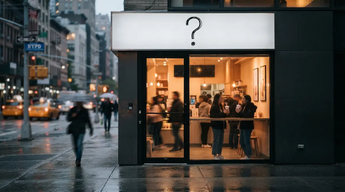A New York tea shop storefront with its brand sign covered by a white board bearing a large black question mark.