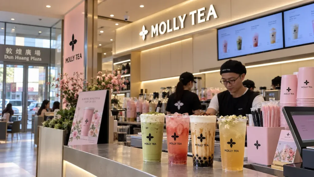 Molly Tea Houston counter at Dun Huang Plaza in Chinatown with jasmine milk tea and signature drinks.