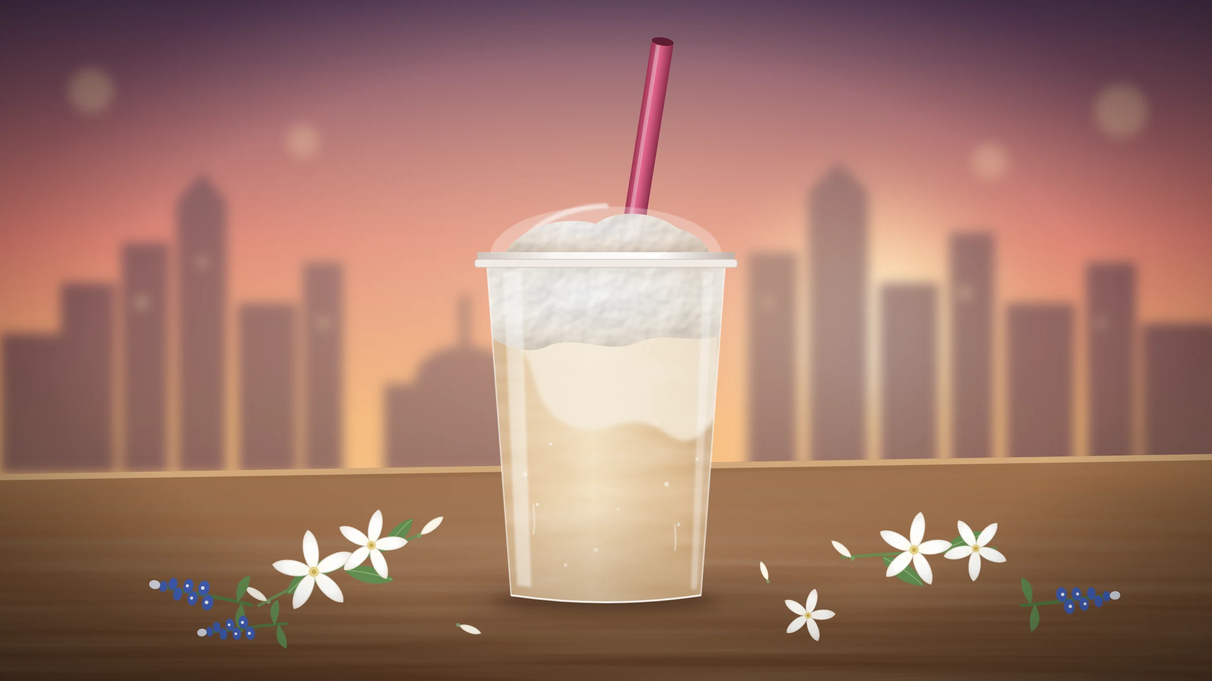 Jasmine milk tea on a wood counter with an Austin skyline at sunset, for Molly Tea's Texas expansion