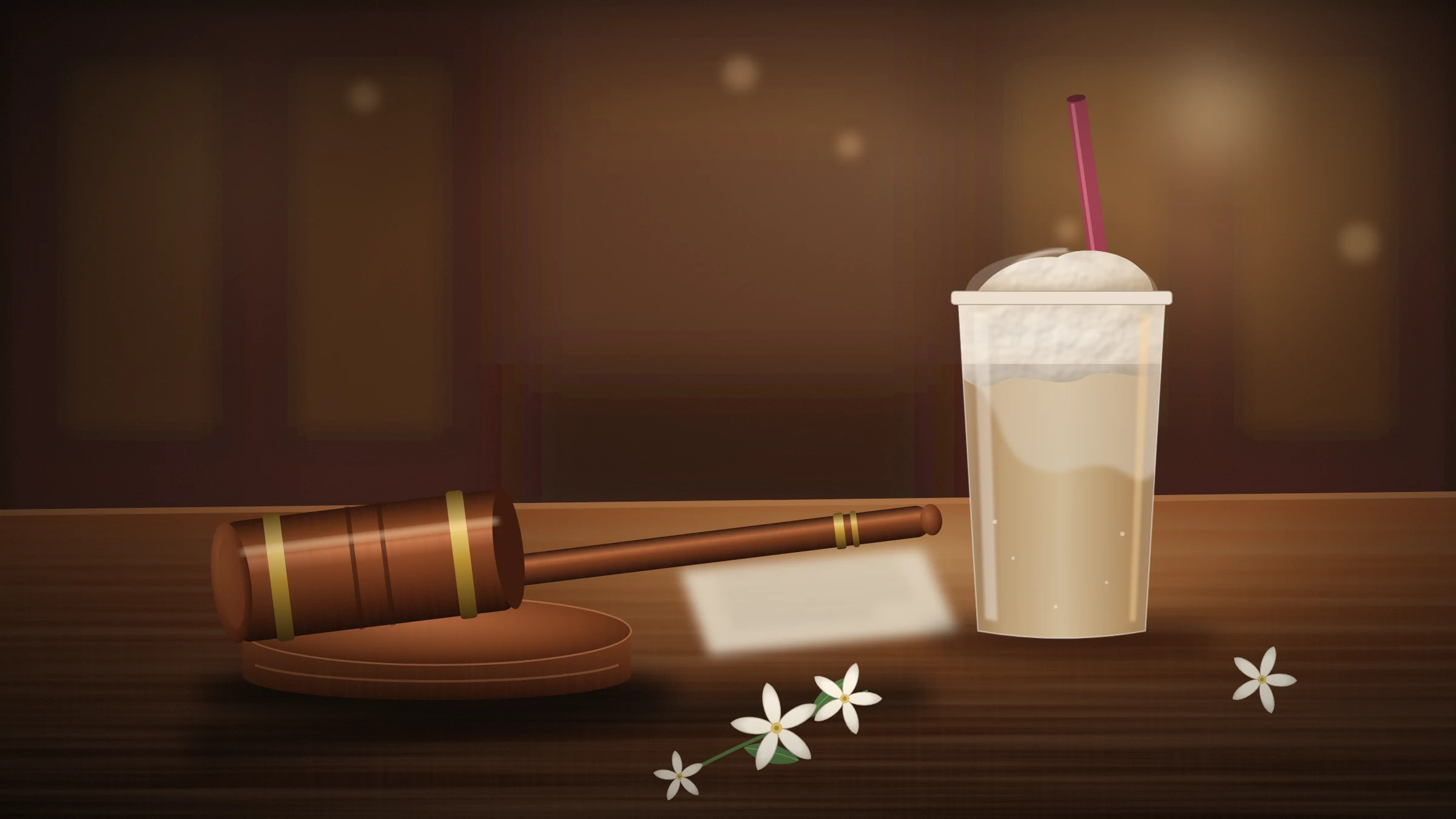 Judge's gavel beside a jasmine milk tea on a courtroom desk, illustrating the Molly Tea Louis Vuitton trademark case